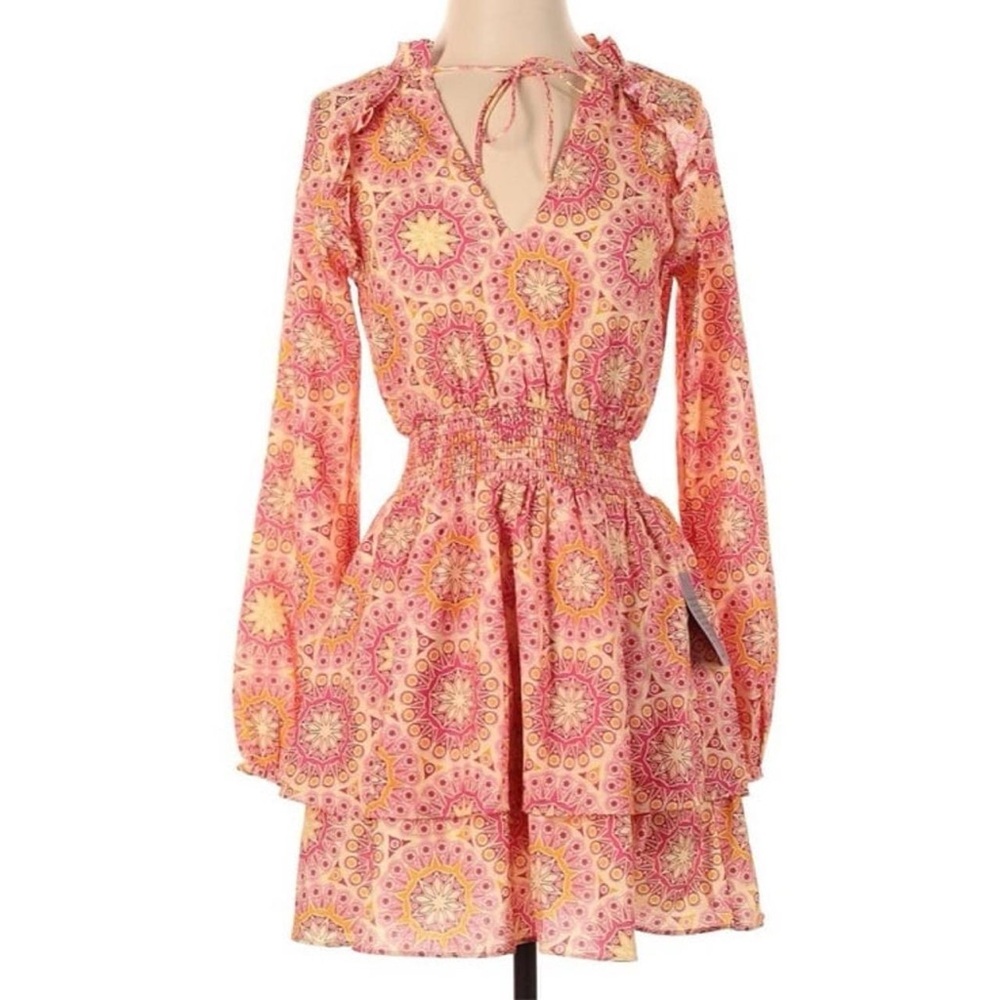 NSR women’s Valentina Coral Medallion Chiffon Smocked Waist Tiered Mini Dress